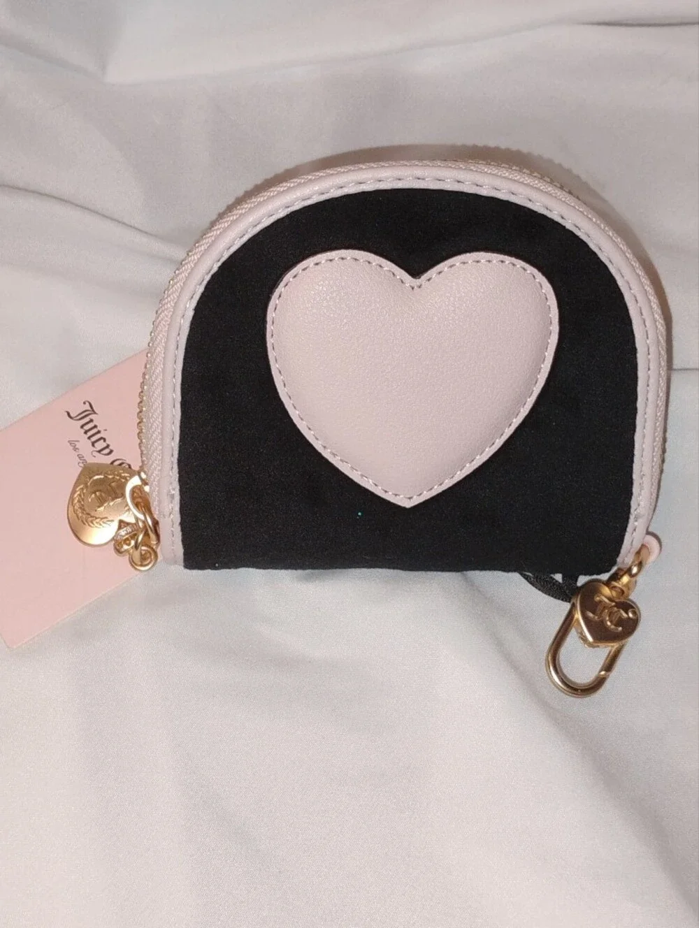 Juicy Couture Black Velvet Coin Pouch with Pink Trim and Gold Heart Charm